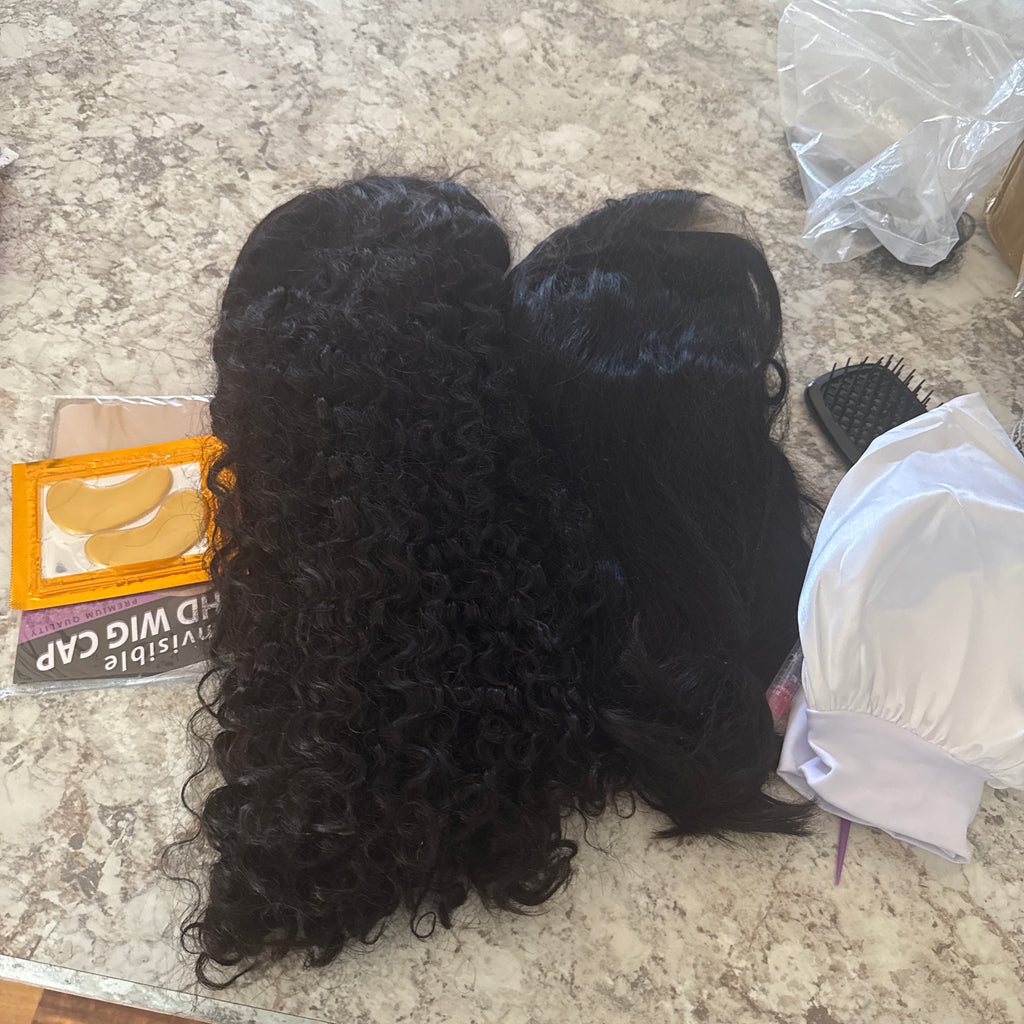 ✨ 100% Human Hair Deal ✨

Includes:
• 13x4 22” Black Water Wave Lace Front Wig
• 5x5 18” Straight Wig

Soft, full, and easy to style for a flawless everyday look 🤍
Perfect combo for both curly glam and sleek straight styles ✨

Deal Price: $195 💕